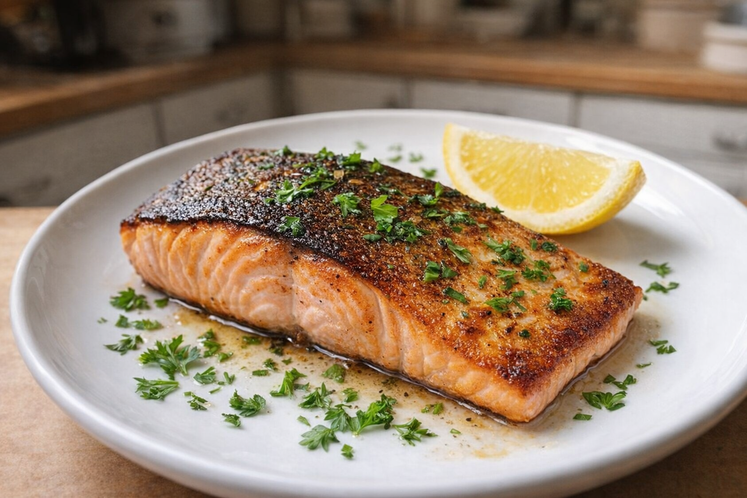 An overhead shot of a perfectly pan-seared salmon fillet on a white plate, crispy golden-brown skin, garnished with fresh parsley and a lemon wedge, soft natural light
